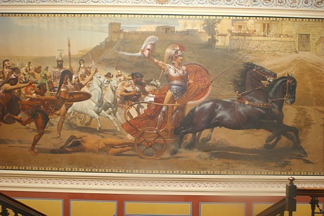 Sienas gleznojums, kura centrā ir Triumfējošs Ahilejs velkot aiz ratiem nedzīvo Hektora ķermeni Trojas vārtu priekšā 22215