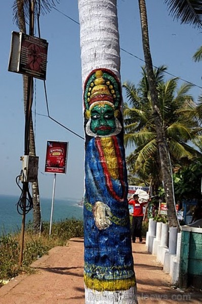 Neparasts zīmējums Kathakali dejotāja tēls uz kokospalmas. Foto: Guna Bērziņa 57187