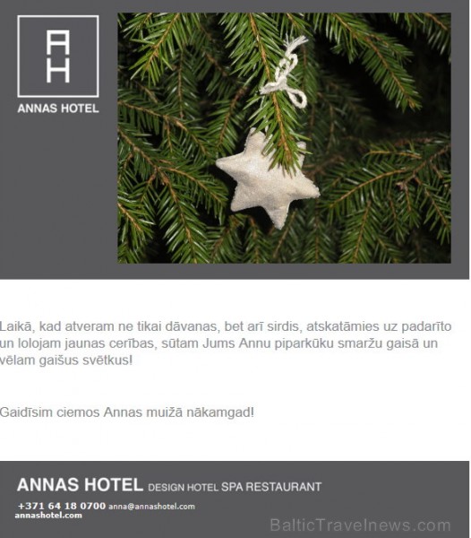 Paldies Annas muižas kolektīvam un tās vadītājai Ievai Malceniecei personīgi par Ziemassvētku apsveikumu! www.annashotel.com 70781