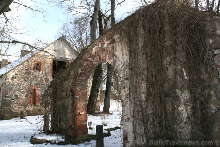 Ērberģes muižas stallis, no kura palicis tikai mūra fragments. 91065