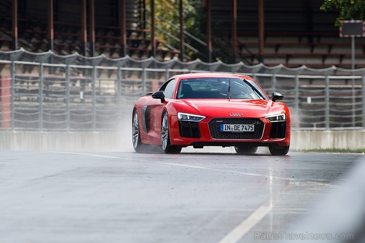 Travelnews.lv redakcija Biķernieku trasē 15.08.2016 izmēģina jaudīgos Audi R8 un RS sērijas automobiļus. Foto: Audi Sport 181875